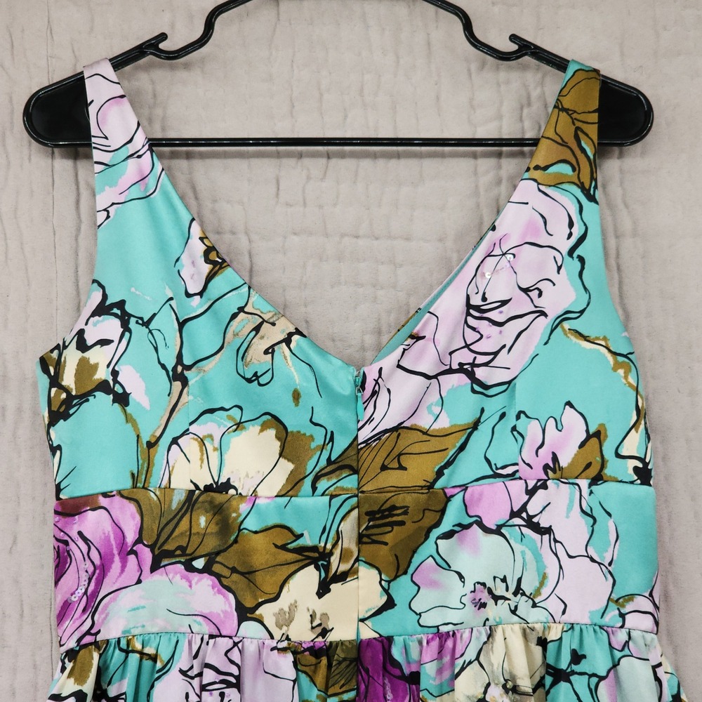 Adrianna Papell Silk Dress 10 Teal Purple Floral Fit Flare Cocktail Party Fairy - Picture 13 of 15